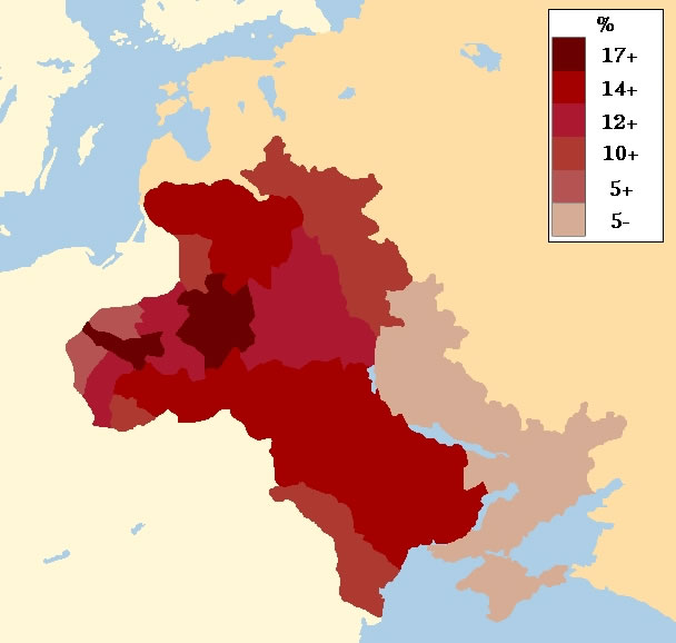 la popolazione ebraica nella zona di residenza russa e nel Regno del Congresso nel 1905